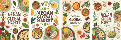 Colorful illustrated vegan dishes showcasing global cuisine in a market theme.