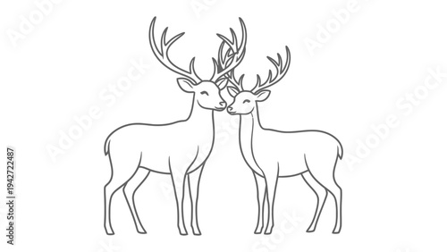 Two Deer Embrace: A heartwarming line art illustration depicts two majestic deer with elaborate antlers gently touching noses, symbolizing love and connection.