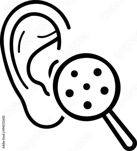 Human Ear with Magnifying Glass Icon, Otolaryngology Checkup and Hearing Health Vector Outline