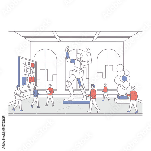 People observing a large robot sculpture in a modern art gallery.