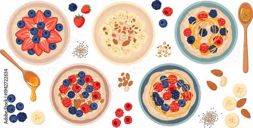 Healthy Oatmeal Breakfast Bowl Collection with Banana, Strawberry, Blueberry, Raspberry, Nuts, Seeds, and Honey Nutritious Morning Meal Vector Illustration Set