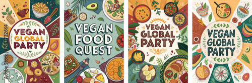 Vibrant illustrations of vegan dishes showcasing a global culinary theme.