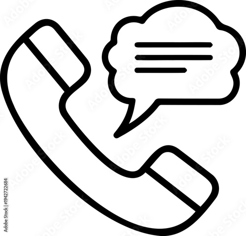 Minimalist black line art telephone handset with speech bubble icon isolated on white background, symbol of customer support, communication, and messaging services