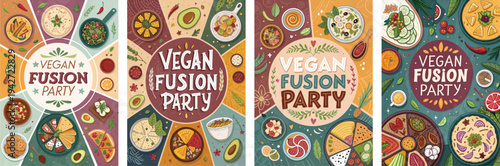 Vibrant vegan fusion party designs showcasing diverse dishes and colorful patterns.