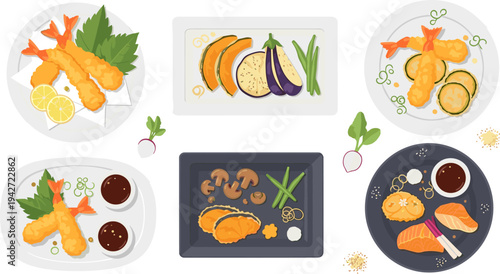 Japanese Tempura Seafood and Vegetable Plate Collection with Fried Shrimp, Pumpkin, Eggplant, Mushrooms, and Dipping Sauce Asian Food Vector Illustration Set