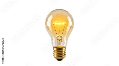 A lit light bulb with a yellow glow isolated on transparent background
