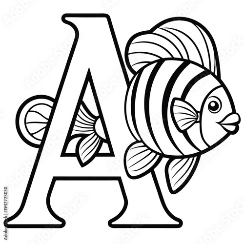 Alphabet Letter A With Striped Tropical Fish Coloring Page Illustration For Kids Learning