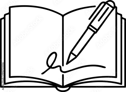 Signature Pen Line Art Icon, Business Contract Agreement and Hand Drawn Autograph Illustration