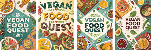 Colorful vegan dishes beautifully illustrated for a vibrant food quest theme.