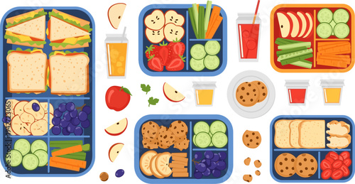 Kids School Lunchbox Collection with Sandwiches, Fruits, Vegetables, Cookies, Juice Boxes, and Healthy Snack Bento Meal Vector Illustration Set