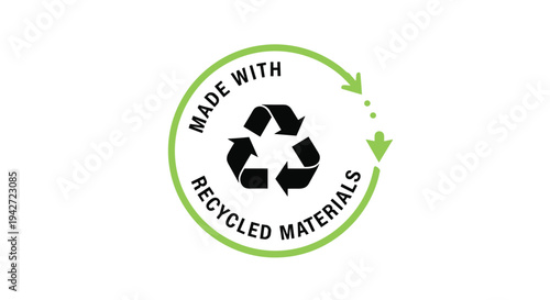 Made with recycled materials eco-friendly logo features the universal recycling symbol enclosed in a green circular arrow.