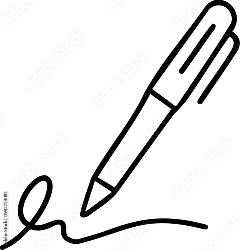 Signature Pen Line Art Icon, Business Contract Agreement and Hand Drawn Autograph Illustration