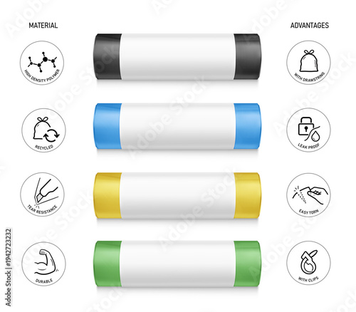 Garbage bag roll mockup set with set icons. High realistic. Vector illustration isolated on white background. Ready for your design. EPS10.