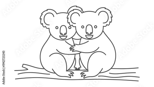 Koala's Embrace: Two adorable koalas sharing a moment of affection, cuddling each other, seated on a tree branch, creating a heartwarming scene of love and connection.