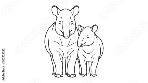 Playful Tapir Duo: A heartwarming black and white illustration of two tapirs, one adult and one youngster, standing side by side, showcasing their unique snout and amiable expressions.