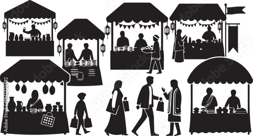 Street market with vendors and customers black vector silhouette illustration line art