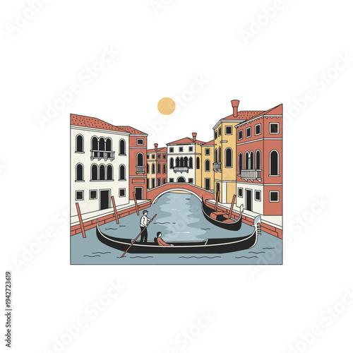 Gondola boat with people on Venetian canal.
