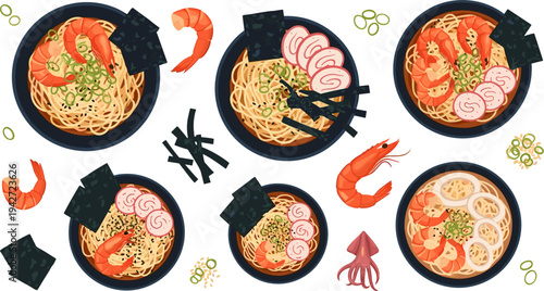 Japanese Seafood Ramen Noodle Bowl Collection with Shrimp, Squid, Fish Cake, Seaweed, and Chopsticks Traditional Asian Soup Vector Illustration Set