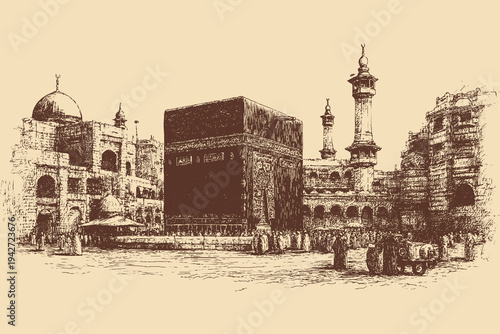Kaaba, Saudi Arabia illustration in a vintage style. This vector illustration can be used in any size you like for advertising, logos, and other work.