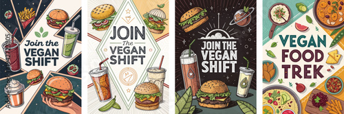 Colorful illustrations promoting vegan food with burgers, drinks, and meals.