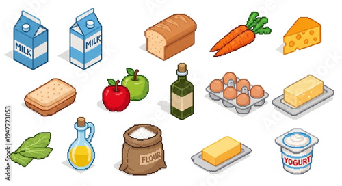 Grocery Items Assorted on White Background.