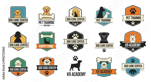 Collection of dog-themed logo designs for pet care and training businesses.