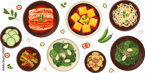 Korean Side Dish Banchan Collection with Kimchi, Tofu, Spinach, Cucumber Salad, Bean Sprouts, and Pickled Vegetables Traditional Asian Food Vector Set