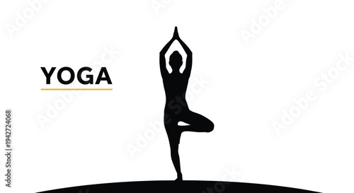 Silhouette of a person performing a yoga tree pose is shown in black against a white background with the word yoga included.