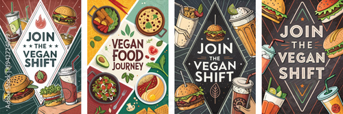 Vibrant vegan food illustrations promoting a plant-based lifestyle.