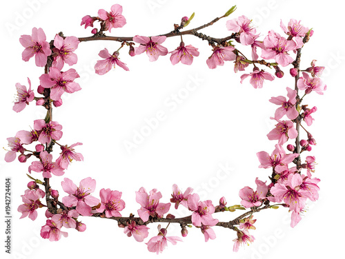 Cherry blossom frame with pink flowers, isolated on transparent cutout background