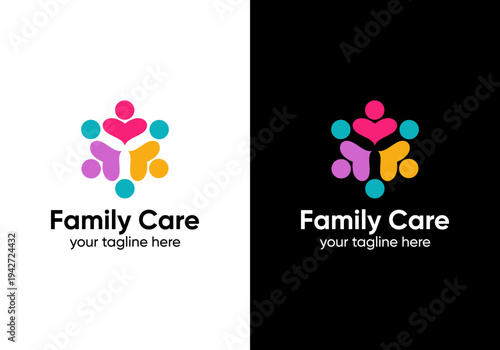 family care vector logo design template, family love protection care logo with people and hands in the logo