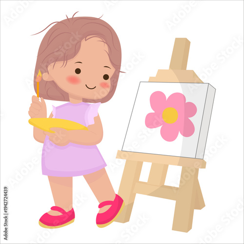 Cute little girl painting a pink flower on an easel. Young artist with palette and brush practicing creative hobby. Isolated vector illustration.