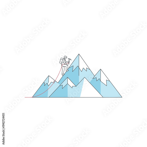 Person climbing snowy mountain peak with ice axe.