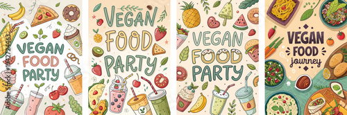 Colorful illustrations of vegan food for a festive vegan food party theme.