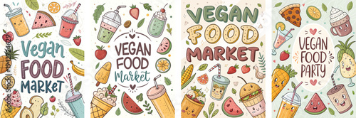 Colorful illustrations celebrate a vibrant vegan food market experience.