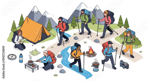 Group of Hikers Camping in Mountains.