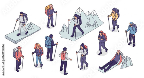 Group of Hikers in Mountains.