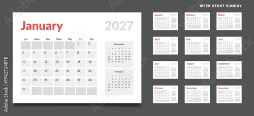 Set 12 Pages Monthly Calendar Planner Templates 2027 year. Vector mockup of wall, desktop calendar organizer grid ready print. Week starting on Sunday. Page schedule size A4 - 21x29.7 cm