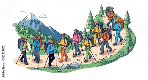 Group of Hikers on Mountain Trail.