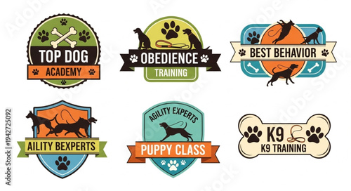 Collection of Dog Training Badges and Logos for Pet Education.