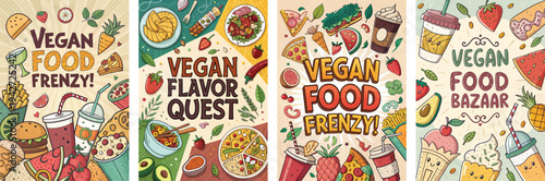 Colorful vegan food illustrations showcasing various dishes and drinks.