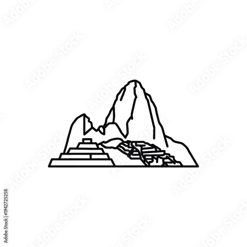 Ancient Inca Citadel of Machu Picchu Landmark Outline.