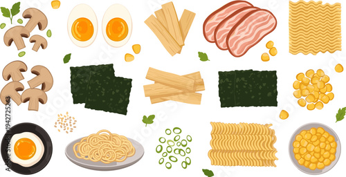 Ramen Noodle Cooking Ingredients Collection with Eggs, Bacon, Mushrooms, Corn, Seaweed, Pasta, and Raw Noodles Asian Food Vector Illustration Set