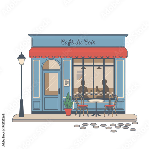 Charming Parisian Cafe Facade with Outdoor Seating.