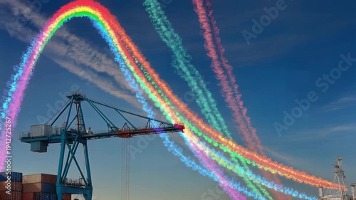 Vibrant, rainbow-like emissions arc over an industrial port, a stark visual representation of Air Pollution & Environmental Risk from global shipping activities