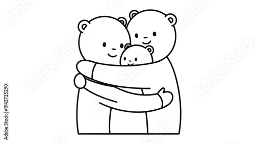 Family Embrace: A tender illustration of a loving family, symbolized by three bears in a warm embrace, representing unity, protection, and the unbreakable bond of familial love.