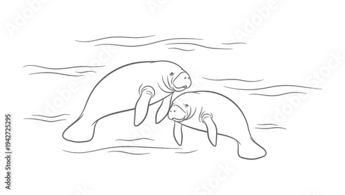 Gentle Sea Guardians: A tender illustration depicts two manatees, swimming peacefully in the tranquil ocean, showcasing the grace and gentle nature of these aquatic mammals.