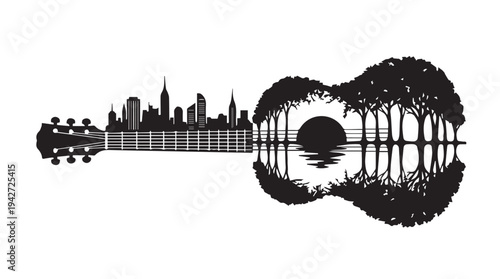 Guitar Silhouette with Double Exposure Forest Landscape and City Skyline.