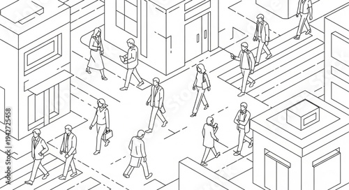 Isometric Cityscape with Pedestrians - A Detailed Line Art Illustration.