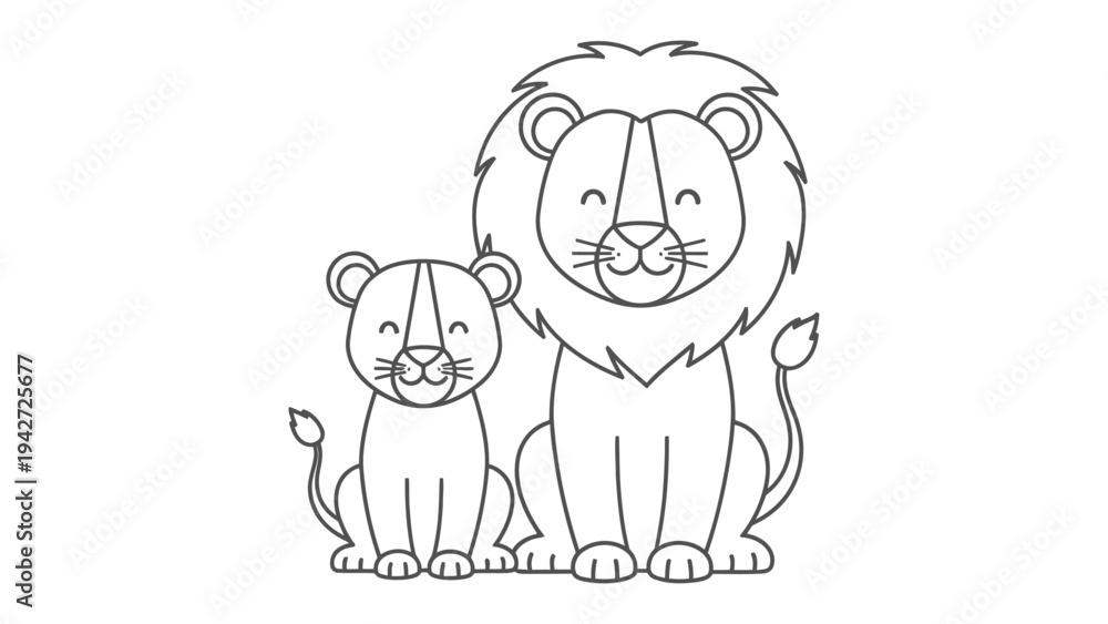 Fototapeta premium Lion Family: A charming illustration portrays a proud lion with his cub, exuding warmth and tenderness. A celebration of family, the image uses simple lines to depict the love.